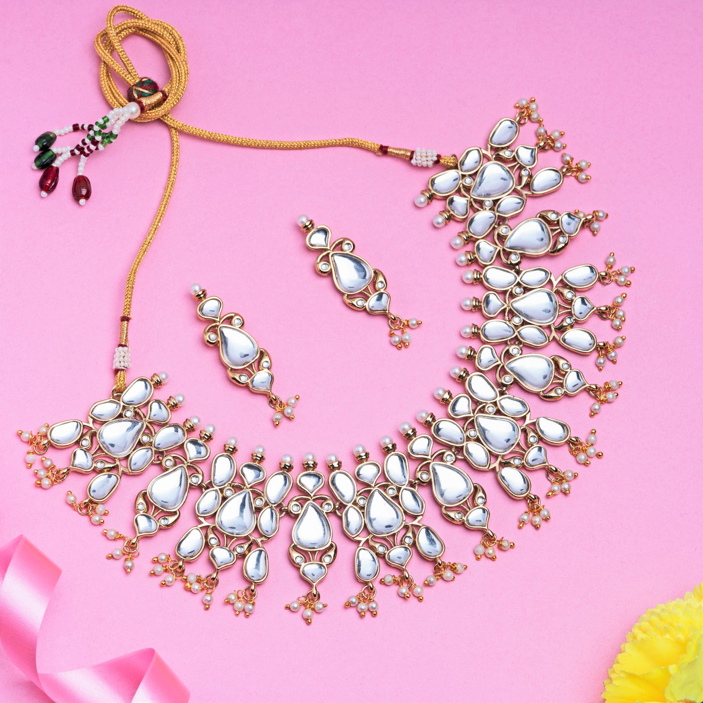 Estele Gold Tone plated Mirror Kundan Necklace Set