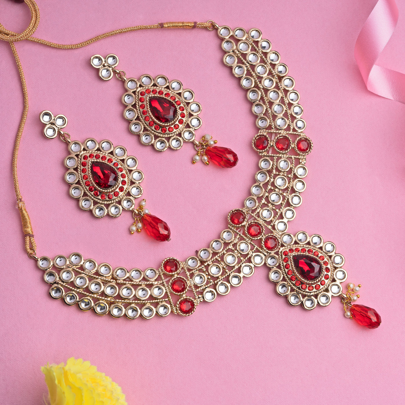 Latest Traditional Red Kundan Choker Necklace Jewellery Set