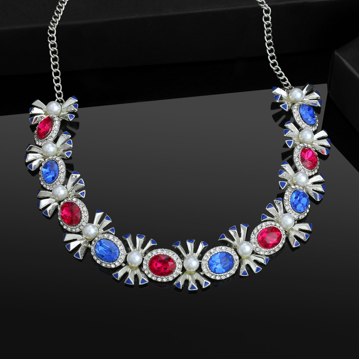 Designer Rhodium plated Pop Diva Necklace with blue and pink Austrian crystals