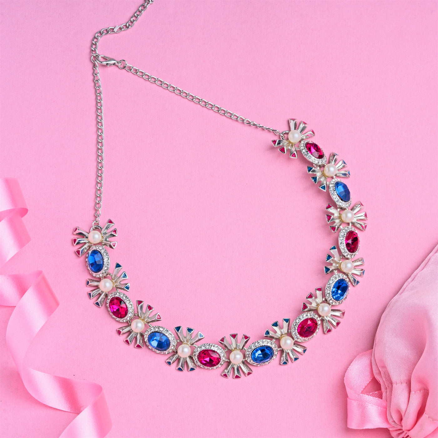 Designer Rhodium plated Pop Diva Necklace with blue and pink Austrian crystals