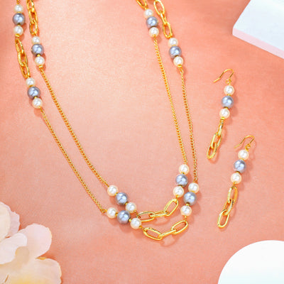 Estele Gold Plated Sparkling Necklace Set with Pearls for Women