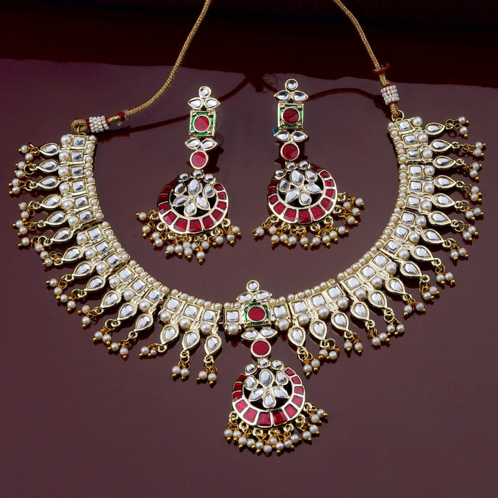 Estele Gold Plated Flexible Kundan Necklace Set with Enamel for Women