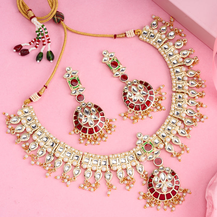 Estele Gold Plated Flexible Kundan Necklace Set with Enamel for Women