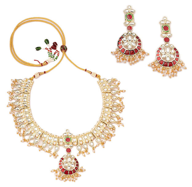 Estele Gold Plated Flexible Kundan Necklace Set with Enamel for Women