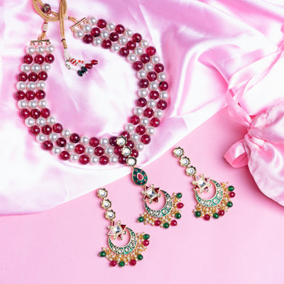 Estele - Traditional Kundan and Ruby and white Pearls Necklace Set for women