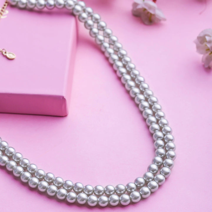 Estele Gold Plated Sparkling Grey Double Line Pearl Necklace for Women