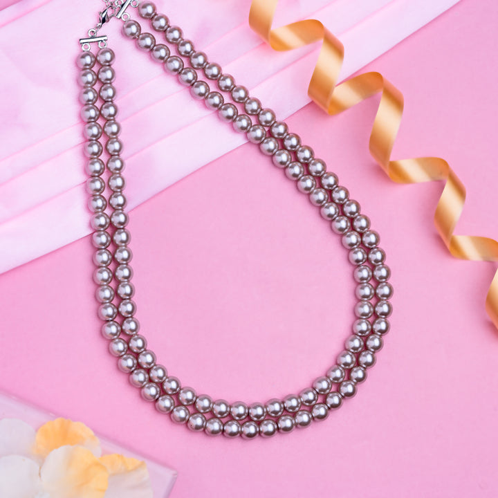 Estele Rhodium Plated- Purple Pearl Double Line Necklace for Women