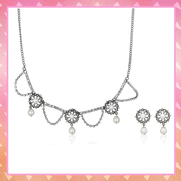 Estele Rhodium Plated Trendy CZ Diamond Designer Necklace Set for Women