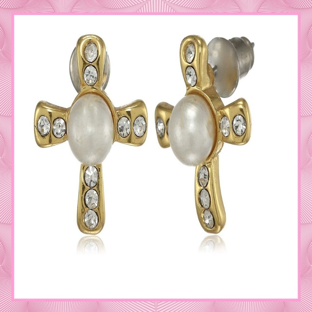 Estele  Gold Plated Four petal pearl Stud Earrings for women