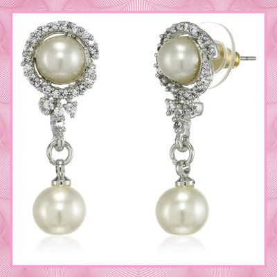 Estele Rhodium Plated American Diamond Round pearl  Drop Earrings for women
