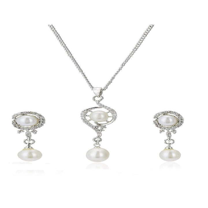 Estele Rhodium Plated CZ Elegant Pearl Drop Pendant Set for Women / Girls