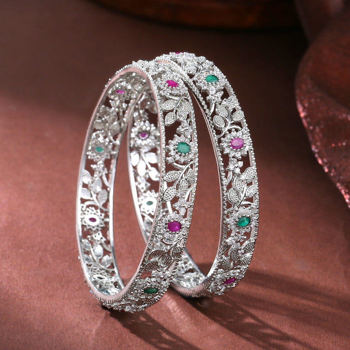Estele Rhodium Plated CZ Flower Designer Bangles for Women
