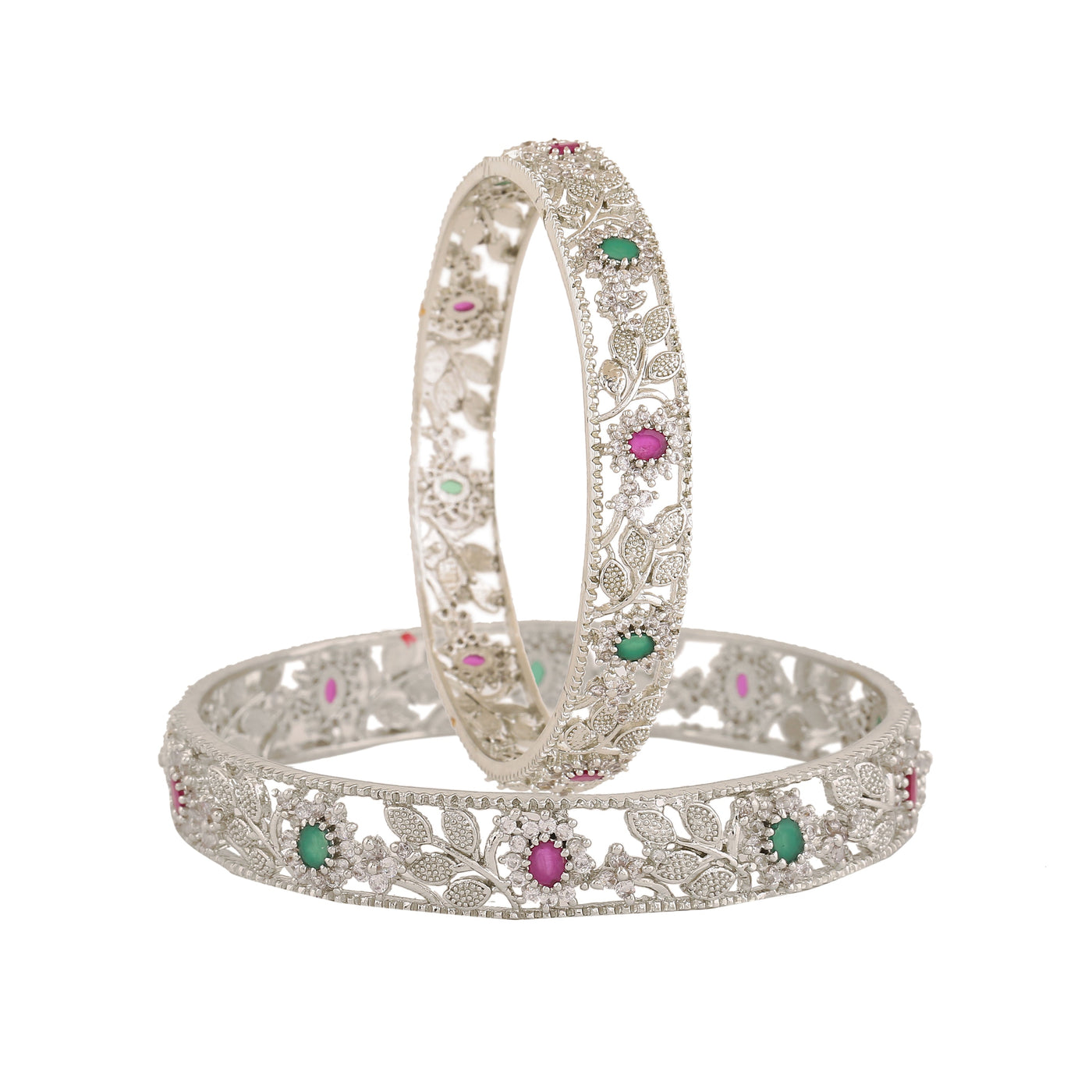 Estele Rhodium Plated CZ Flower Designer Bangles for Women