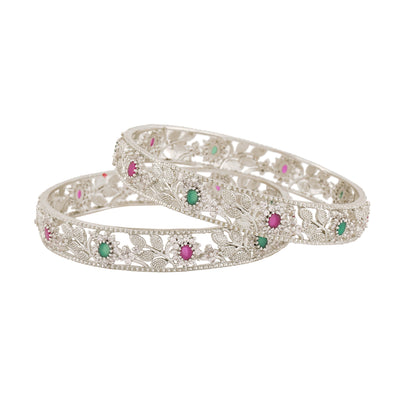 Estele Rhodium Plated CZ Flower Designer Bangles for Women