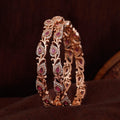 Estele Rosegold Plated Artistic Floral & Leaf Patterned 2:6 Size Bangles with Ruby Crystals| Timeless Floral Elegance for Women