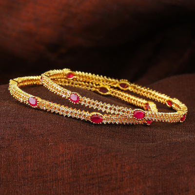 Estele Gold Plated CZ Charming Bangles with Pink Crystals for Women