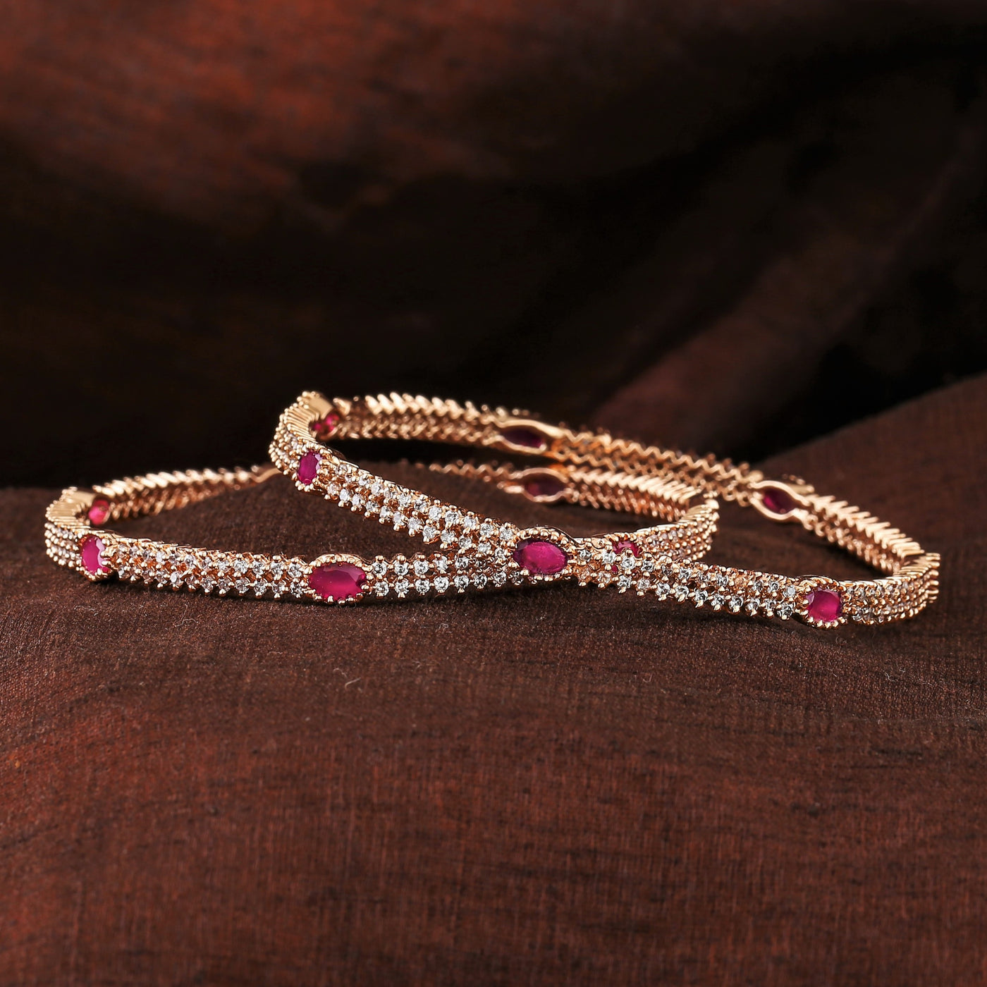 Estele Rose Gold Plated CZ Sparkling Bangles with Pink Crystals for Women