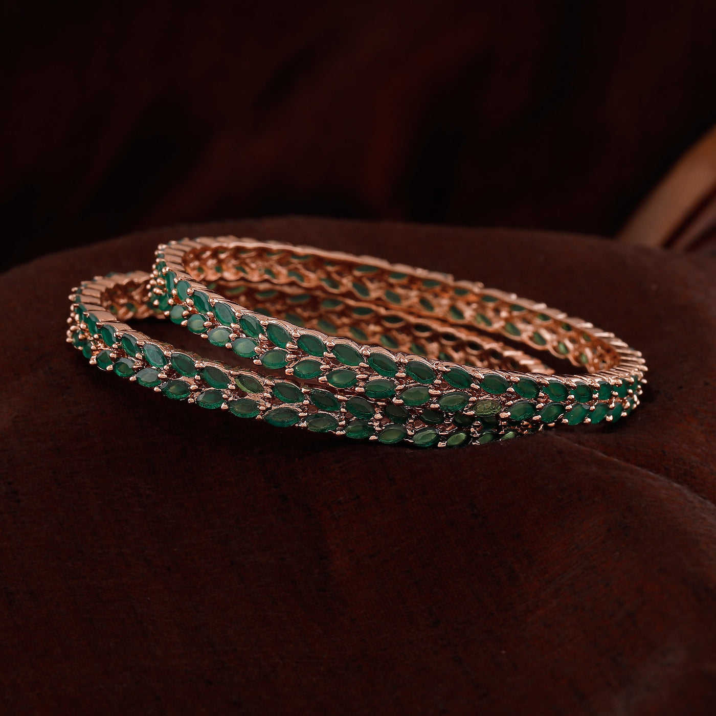 Estele Rose Gold Plated CZ Leaf Designer Bangles with Green Crystals for Women