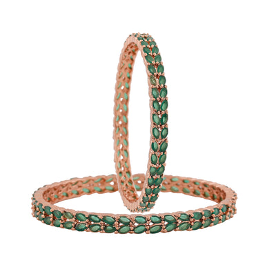 Estele Rose Gold Plated CZ Leaf Designer Bangles with Green Crystals for Women