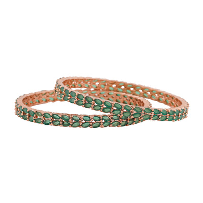 Estele Rose Gold Plated CZ Leaf Designer Bangles with Green Crystals for Women