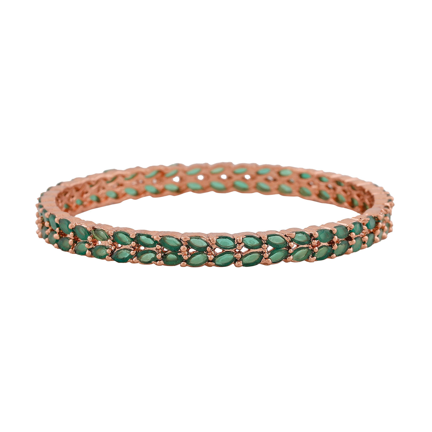 Estele Rose Gold Plated CZ Leaf Designer Bangles with Green Crystals for Women