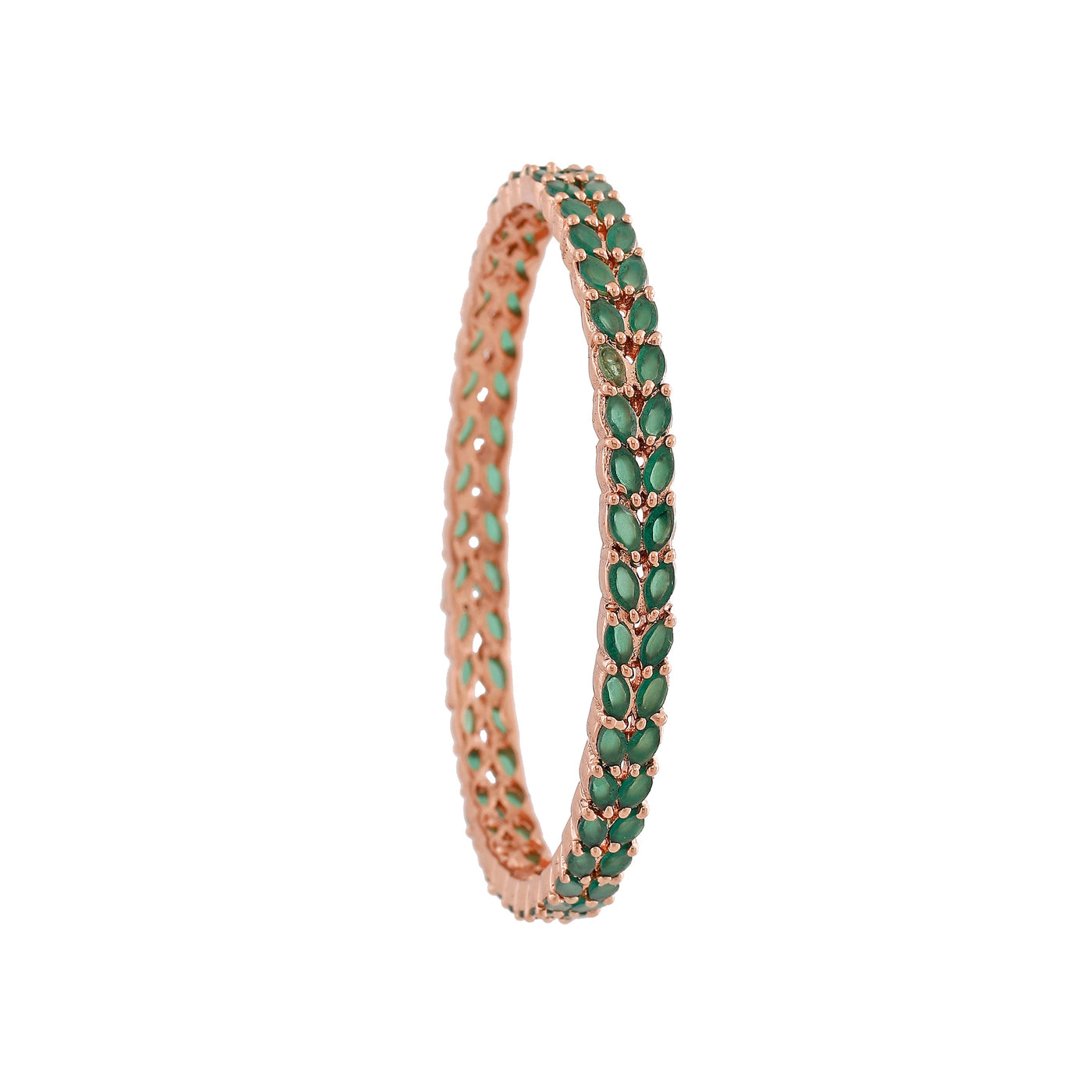 Estele Rose Gold Plated CZ Leaf Designer Bangles with Green Crystals for Women