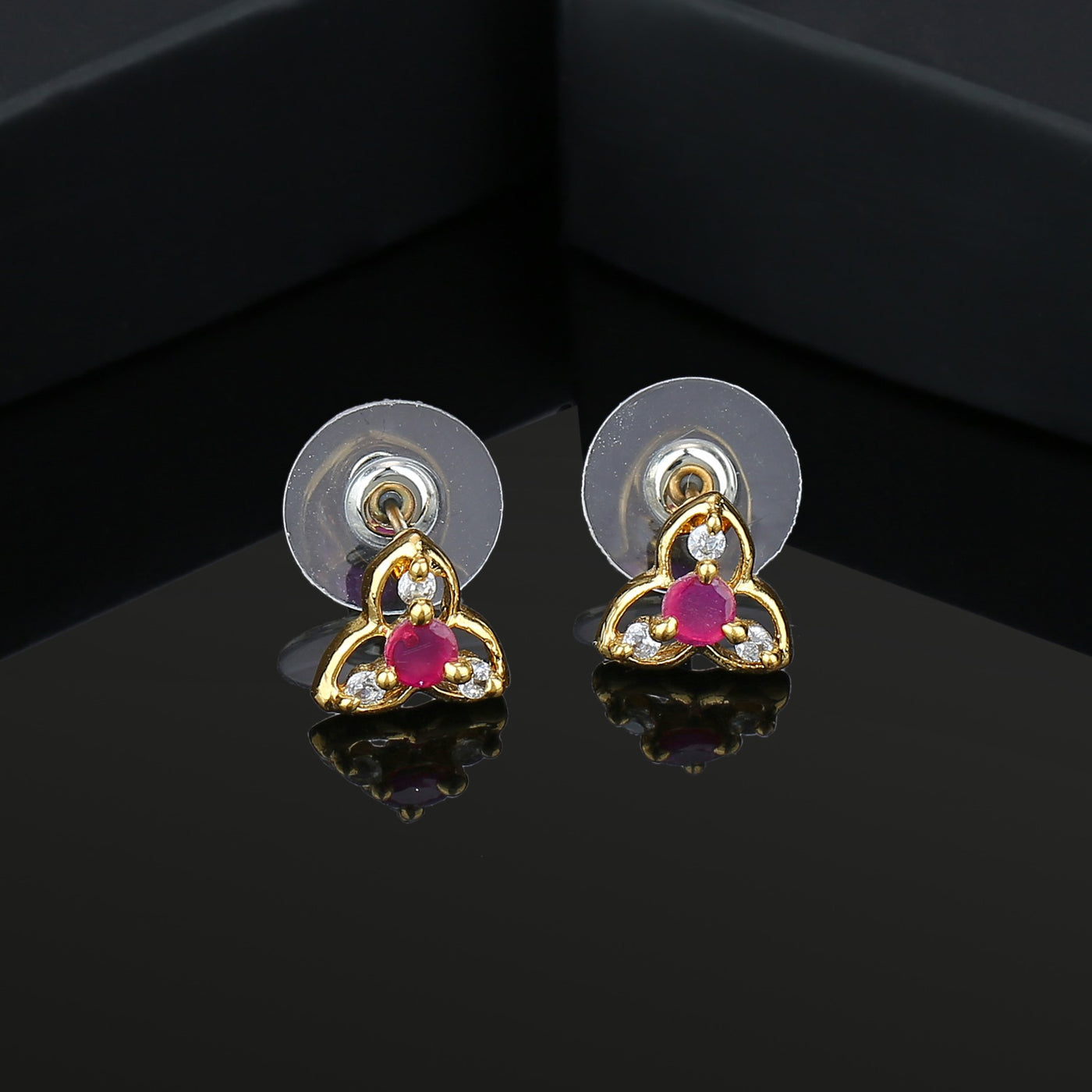 Estele Gold Plated CZ Floral Stud Earrings with Ruby Stones for Women