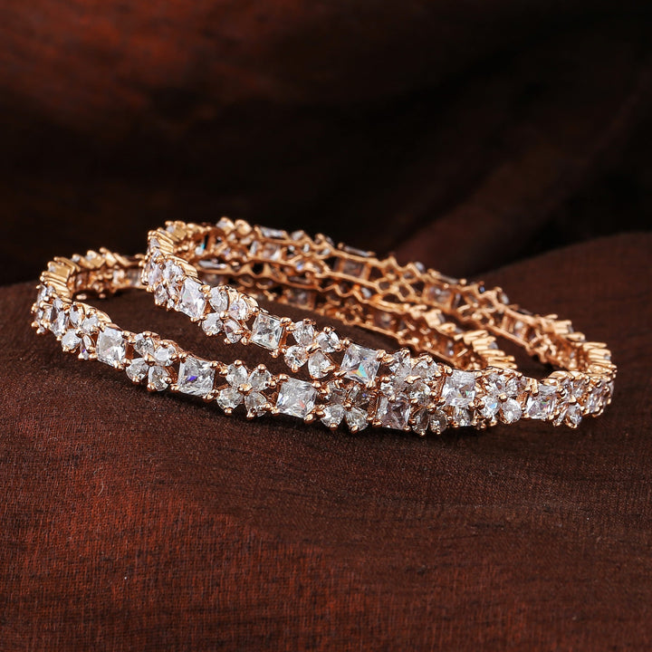 Estele Rose Gold Plated CZ Fascinating Bangles with White Crystals for Women