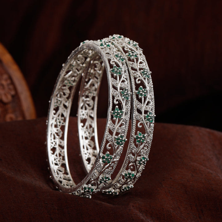 Estele Rhodium Plated CZ Flower Designer Bangles with Green Crystals for Women