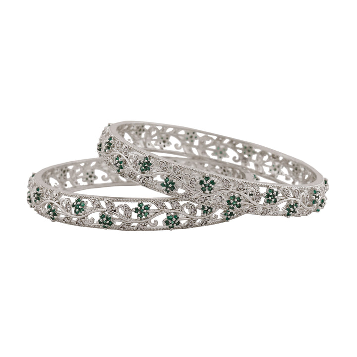 Estele Rhodium Plated CZ Flower Designer Bangles with Green Crystals for Women