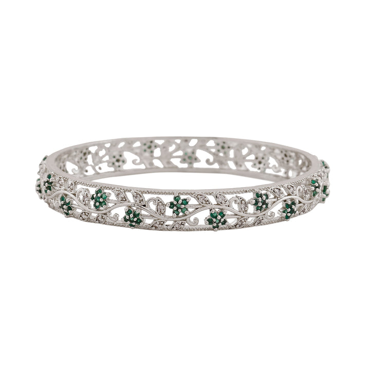 Estele Rhodium Plated CZ Flower Designer Bangles with Green Crystals for Women