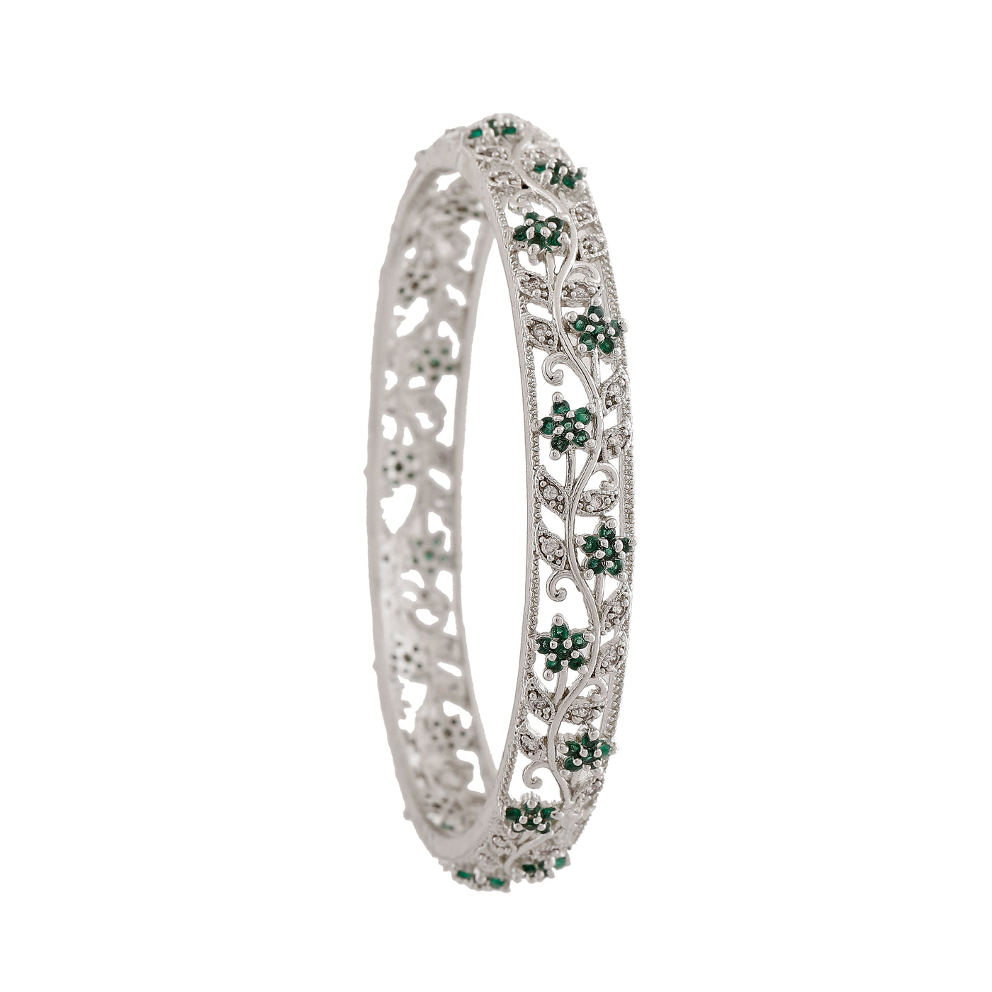 Estele Rhodium Plated CZ Flower Designer Bangles with Green Crystals for Women