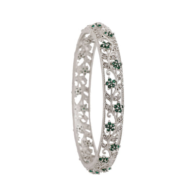 Estele Rhodium Plated CZ Flower Designer Bangles with Green Crystals for Women