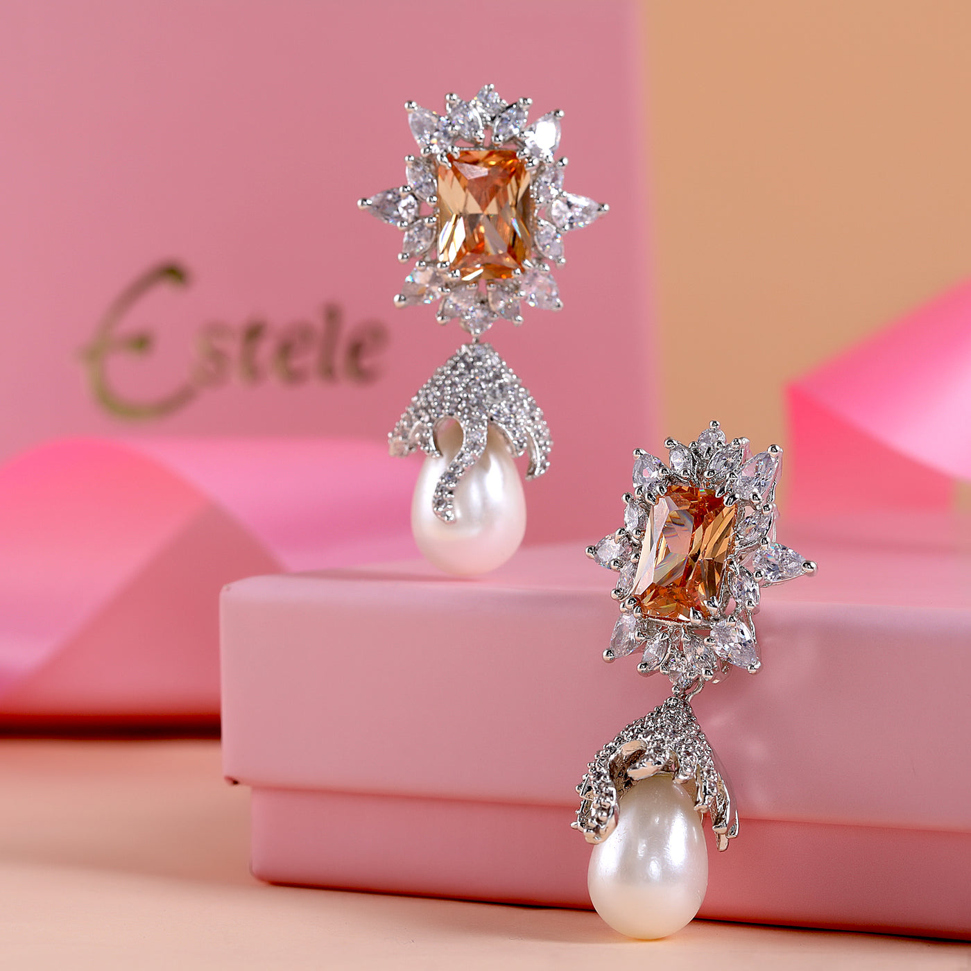 Floral Drop Silver Plated Cubic Zirconia Crystal Earrings