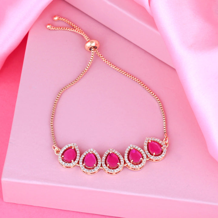 Estele Rose Gold Plated CZ Precious Pears Bracelet with Ruby Crystals for Women
