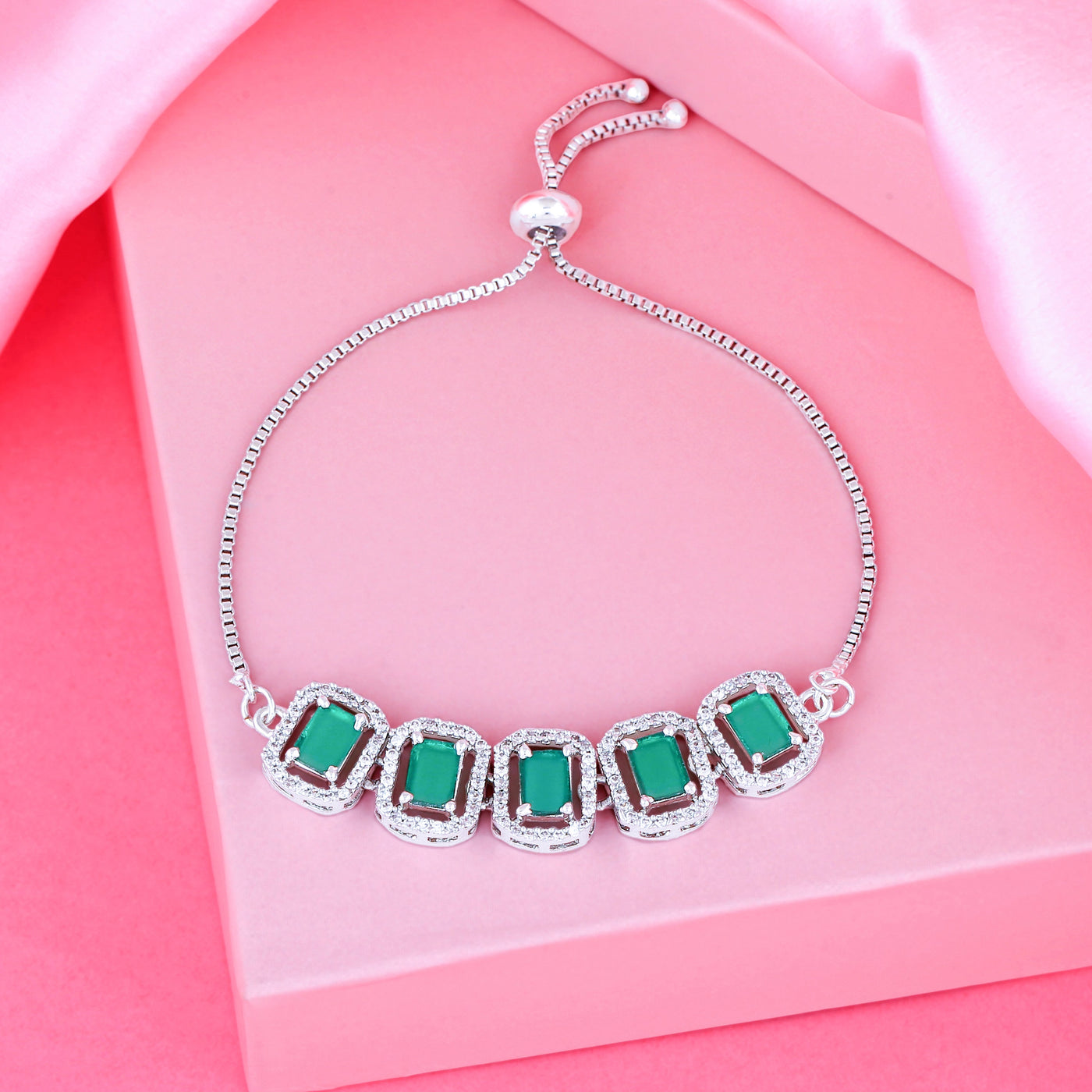 Estele Rhodium Plated CZ Ossum Octagon Bracelet With Emerald Crystals for Women