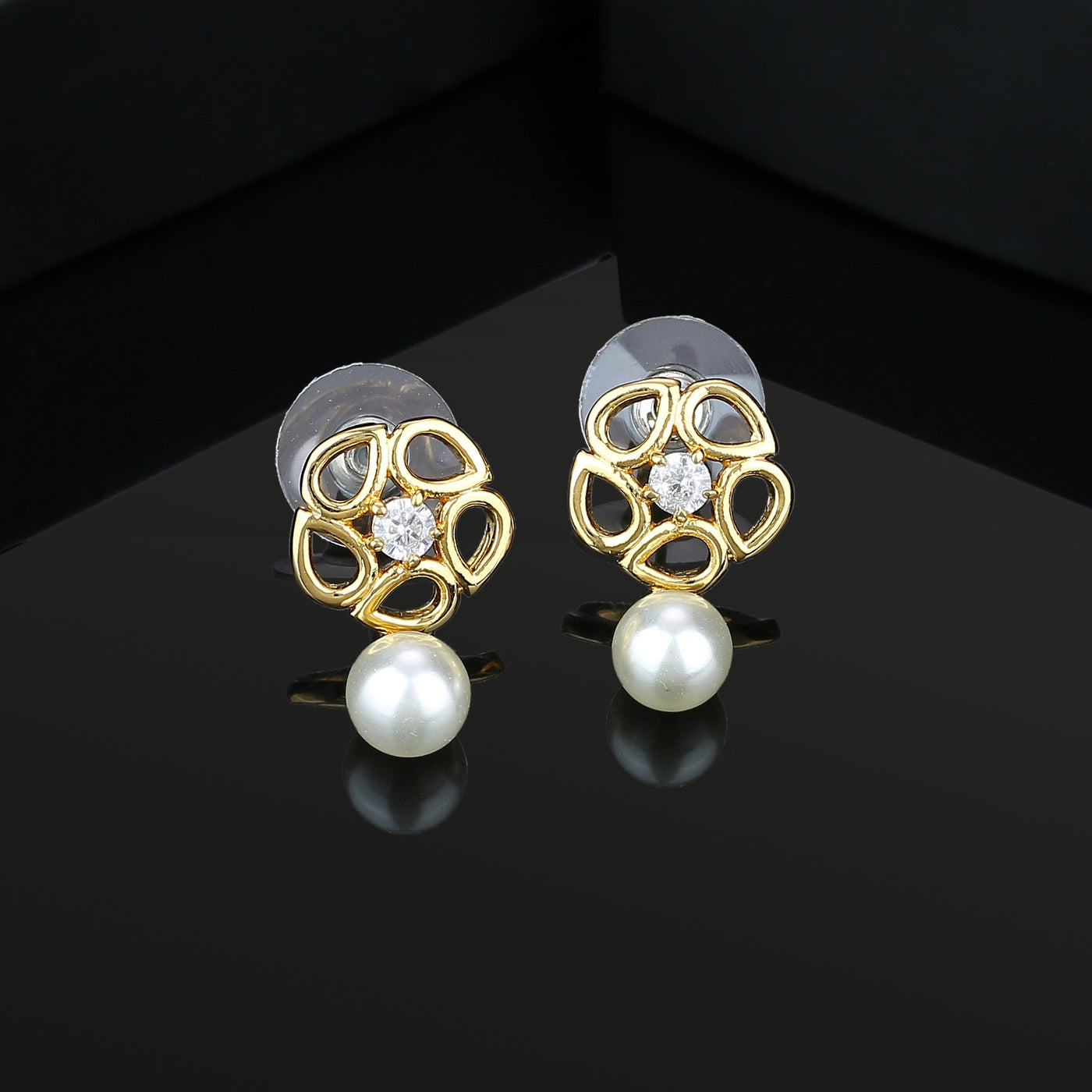 Estele Gold Plated American Diamond Fern Leaf Stud Earrings for women