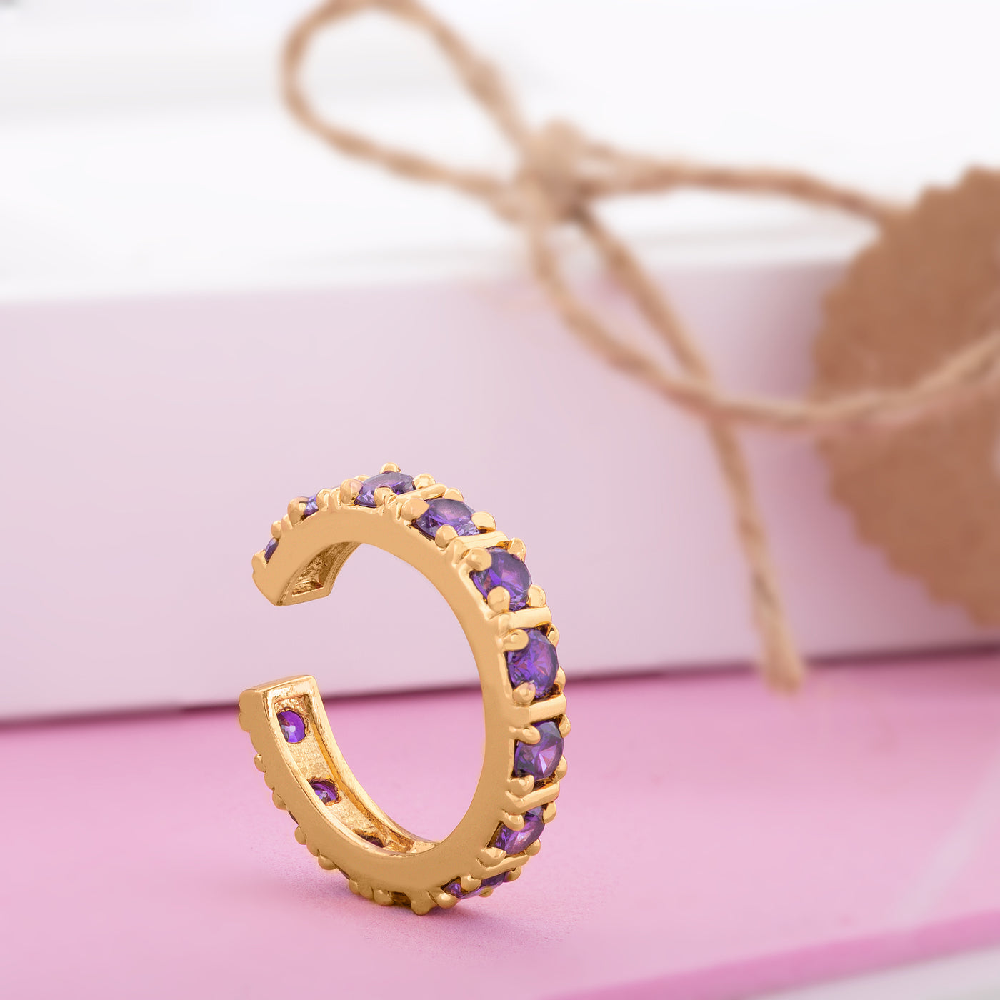 Fancy gold plated band ring with multiple square purple american diamonds (adjustable)