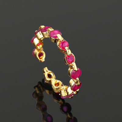 Estele Gold Plated CZ Sparkling Finger Ring with Ruby Crystals for Women(Adjustable)