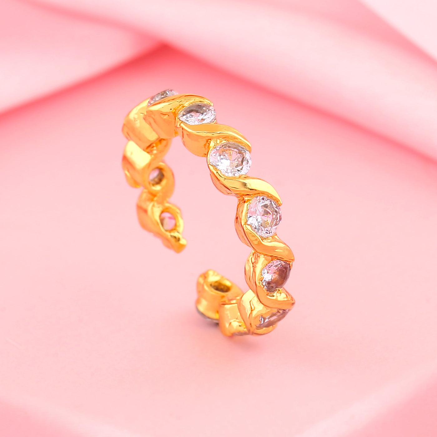 Estele Gold Plated CZ Twisted Finger Ring with White crystals for Women