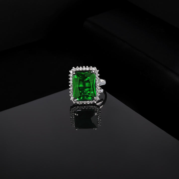 Estele Rhodium Plated CZ Radiant Adjustable Emerald/ Green Finger Ring for Women