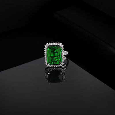 Estele Rhodium Plated CZ Radiant Adjustable Emerald/ Green Finger Ring for Women