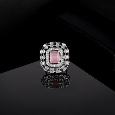 Estele Rhodium Plated CZ Adjustable Mint Pink Finger Ring for Women