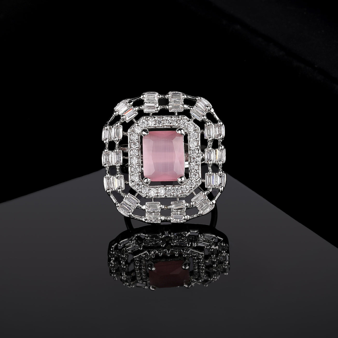 Estele Rhodium Plated CZ Adjustable Mint Pink Finger Ring for Women