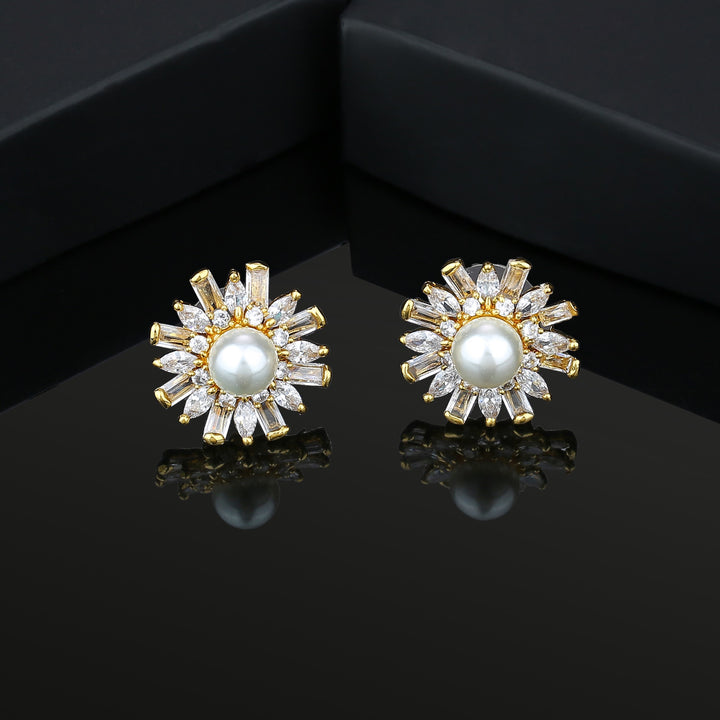 Estele Gold Plated American Diamond & Baguette's Pearl Flower Stud Earrings for women