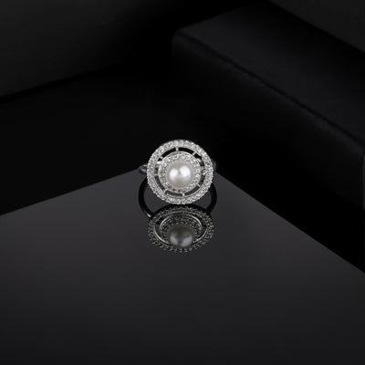 Estele Rhodium Plated CZ Adjustable Circular Ring with Pearl for Women