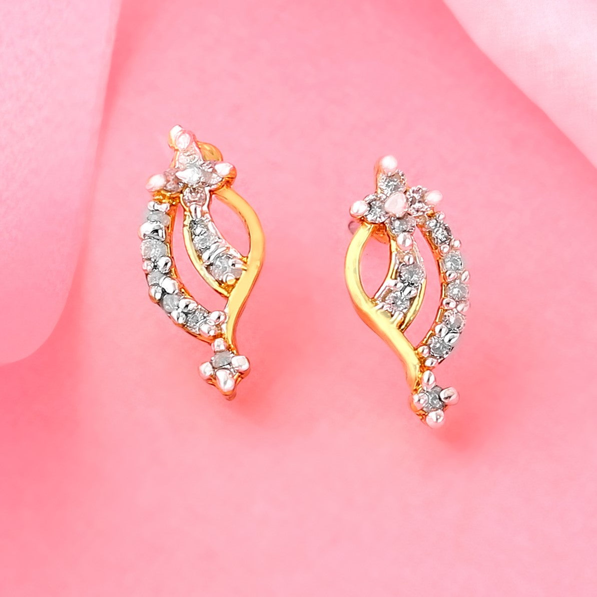 Estele 24 Kt Gold and Silver Plated Flower bud Diamond Stud Earrings for women
