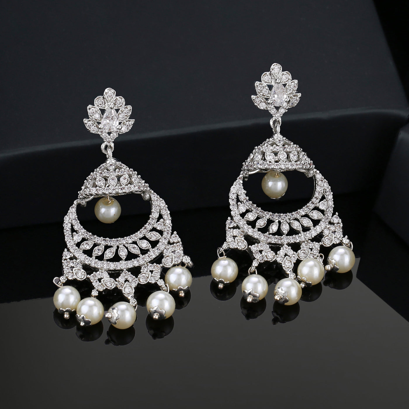 Estele Rhodium Plated CZ Enchanting Leaf Designer Earrings with Pearls for Women