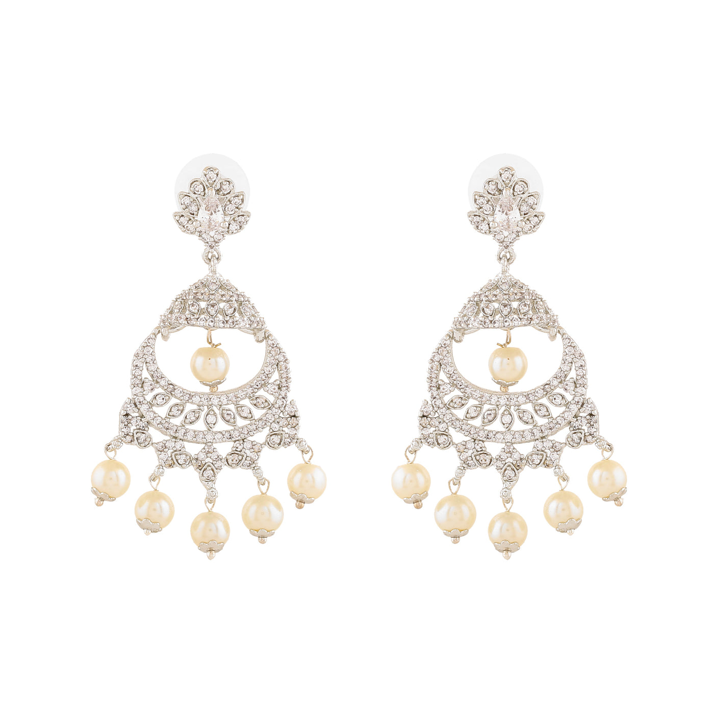 Estele Rhodium Plated CZ Enchanting Leaf Designer Earrings with Pearls for Women