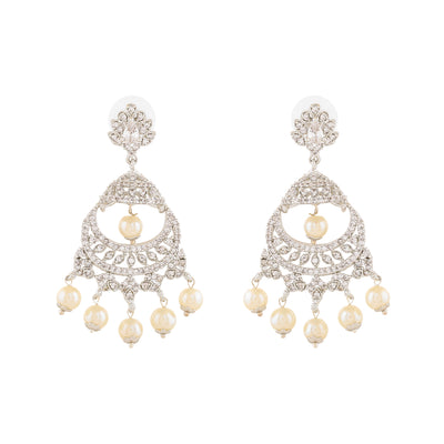 Estele Rhodium Plated CZ Enchanting Leaf Designer Earrings with Pearls for Women